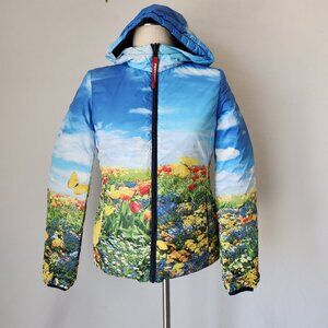 FREEDOMDAY Girl's Jane Puffer Hooded Reversible Jacket Zip-Up Floral Solid Blue